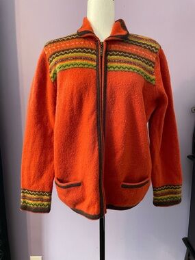 100% Wool Graffeti Orange Knit Jacket with Multicolor Trim